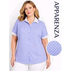 APPARENZA Womens 1X Polka Dots Spandex Short Sleeve Button Up Purple White Top